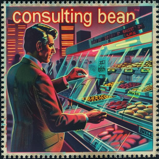 Vintage postage stamp featuring a man consulting on beans with a cityscape in the background