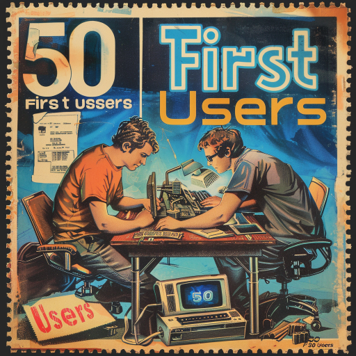 Vintage postage stamp about first users with two people working at a computer